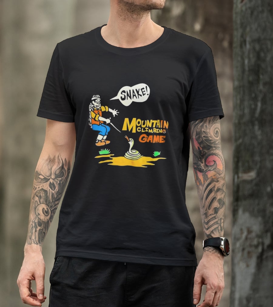 Snake Mountain Climbing Game Startled Climber Coiled Serpent Cartoon T-Shirt
