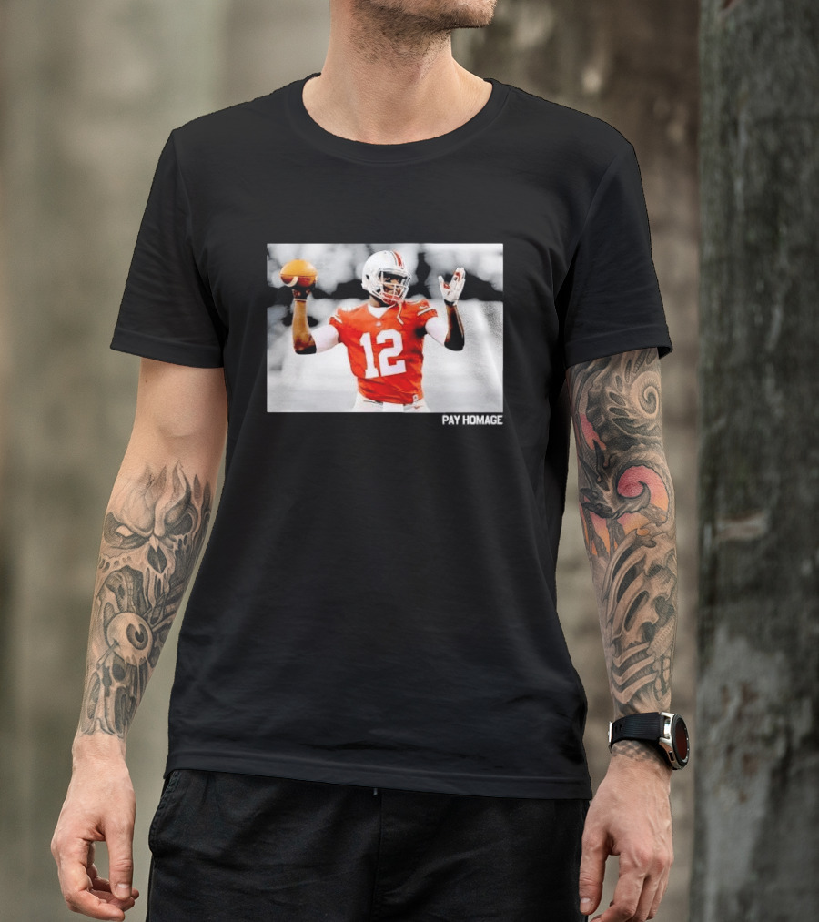 Ohio State Buckeyes Quarterback Number 12 Throwing Football Selective Color Pay Homage T-Shirt