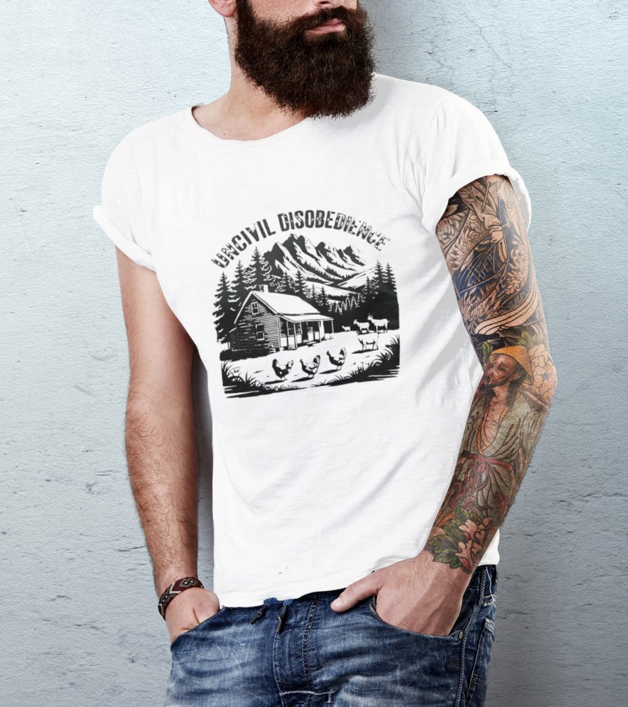 Uncivil Disobedience Distressed Mountain Cabin Homestead With Chickens And Goats T-Shirt
