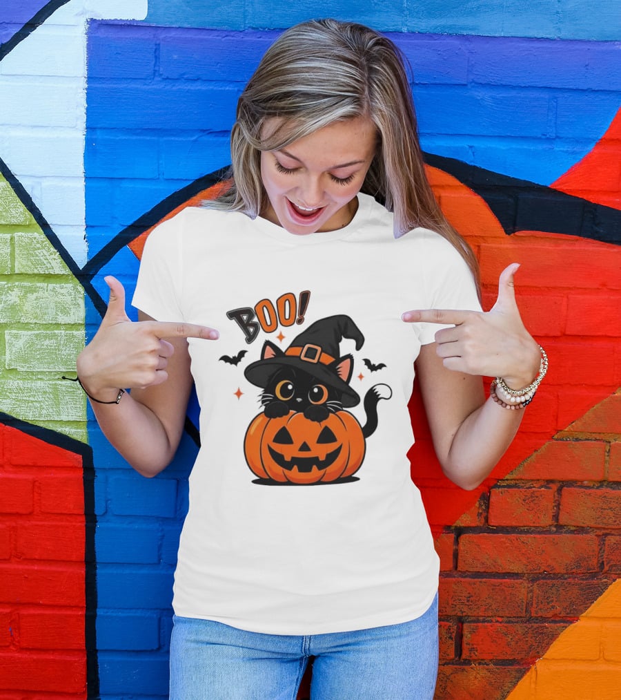 Boo Halloween Black Cat Witch Hat Jack O Lantern Pumpkin T-Shirt