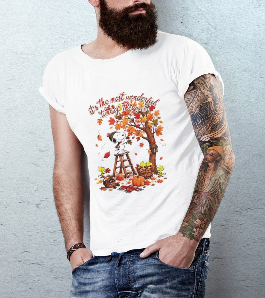 Snoopy It's The Most Wonderful Time Of The Year Autumn Tree Pumpkin Woodstock T-Shirt