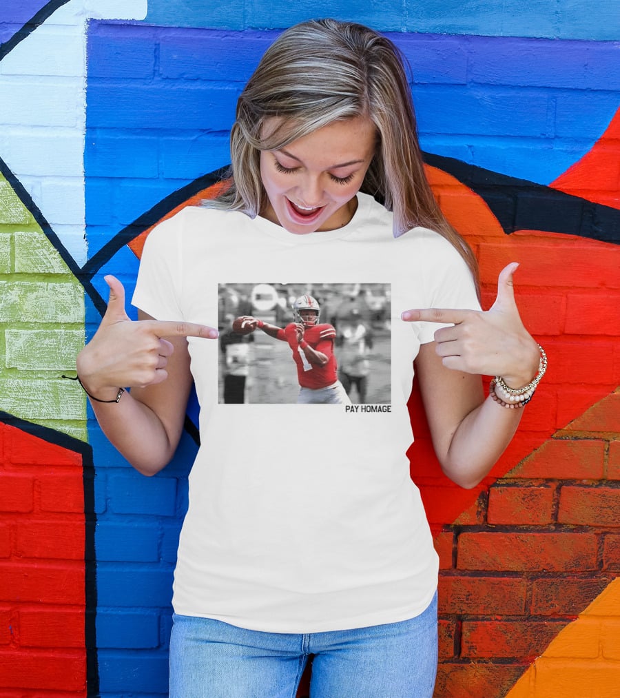 Ohio State Buckeyes NCAA Pay Homage Quarterback Throwing Football Selective Color Photo T-Shirt
