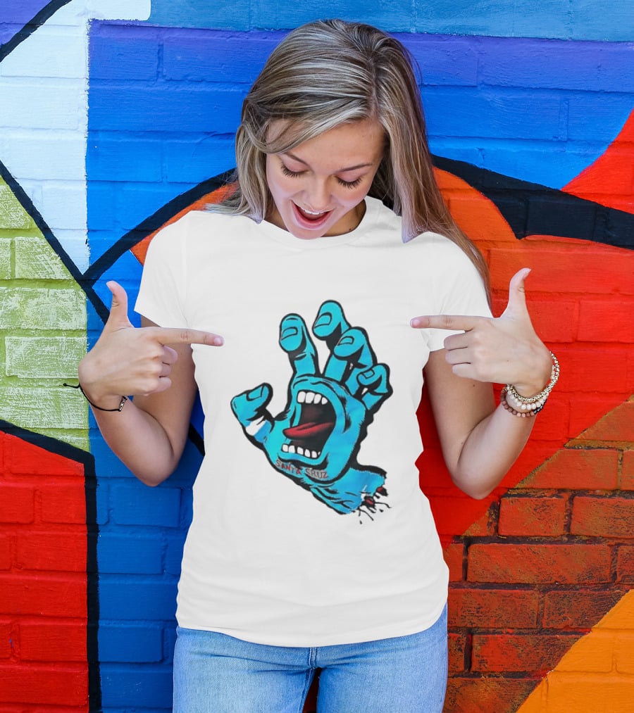 Santa Cruz Blue Screaming Hand Open Mouth Tongue Cartoon T-Shirt