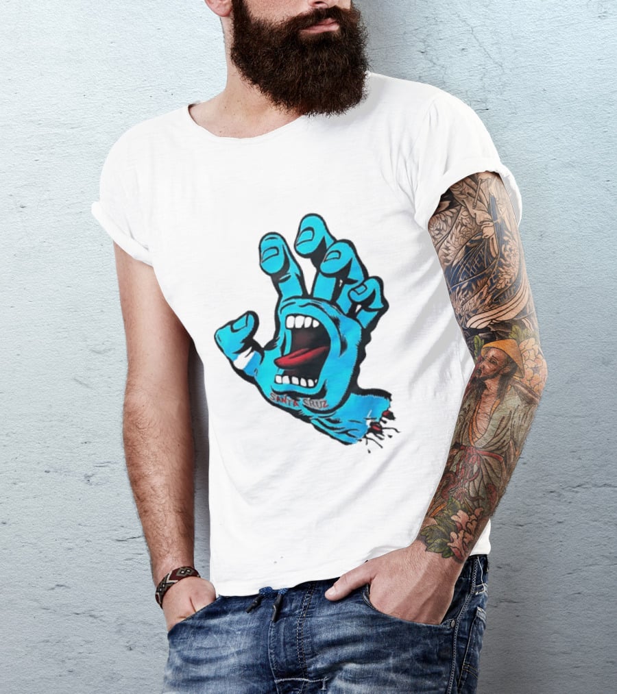 Santa Cruz Blue Screaming Hand Open Mouth Tongue Cartoon T-Shirt