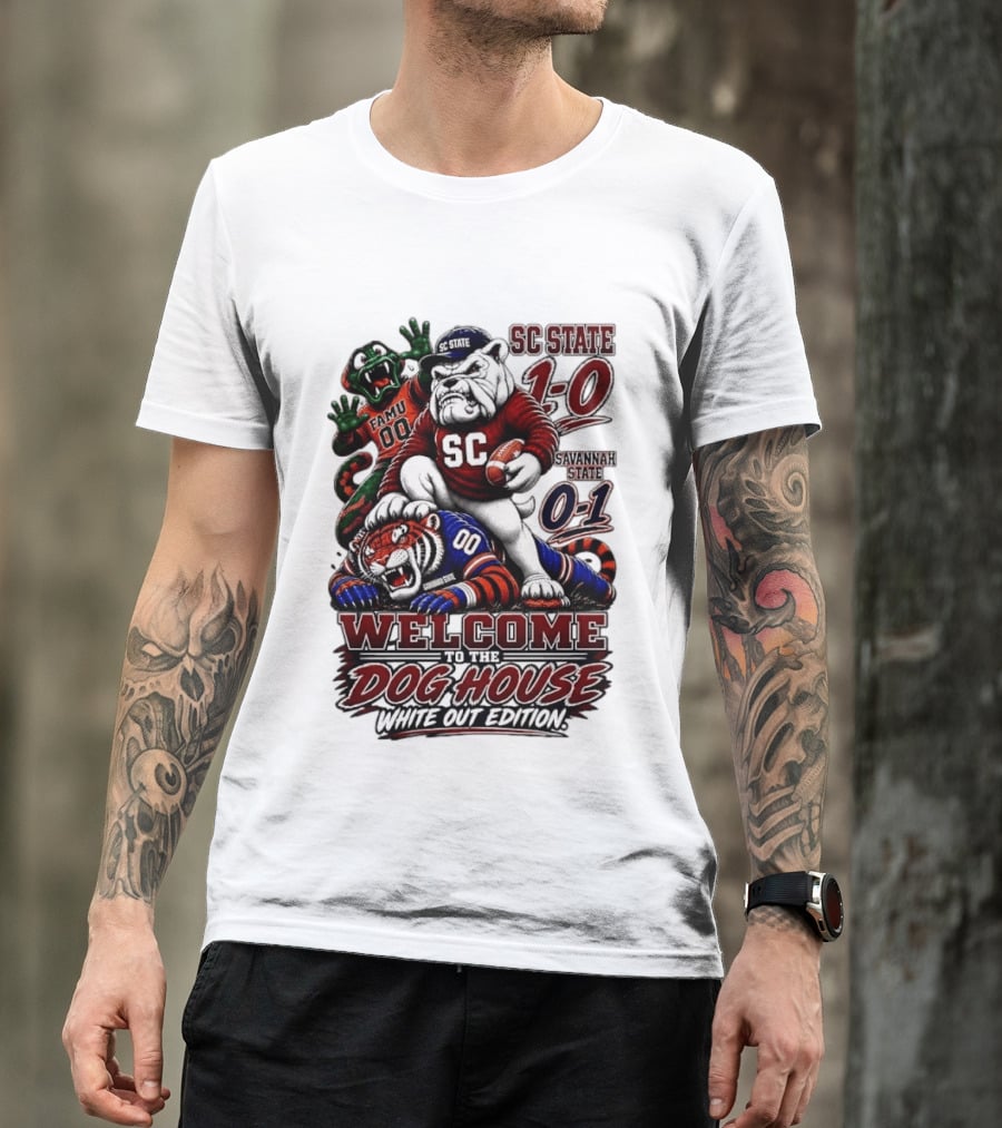 South Carolina State Bulldogs 1 0 Welcome To The Dog House White Out Edition Cartoon Tackling Tiger Savannah State 0 1 FAMU 00 T-Shirt