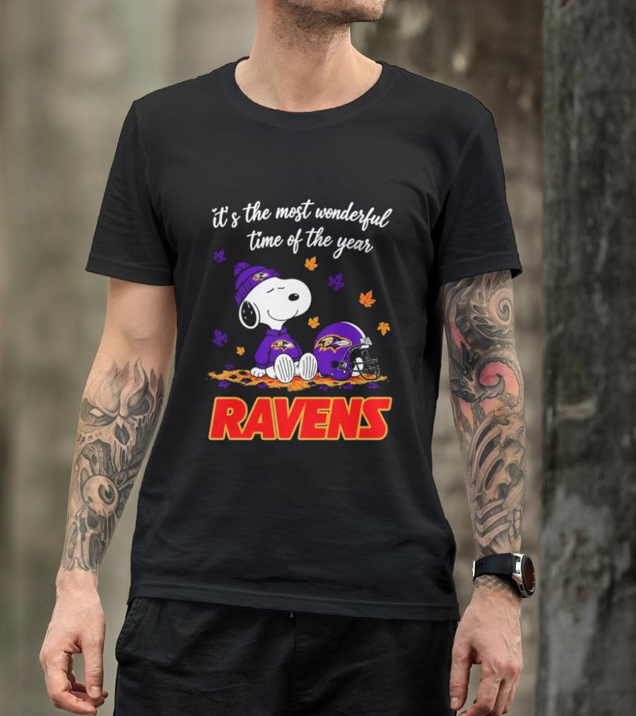 Baltimore Ravens It's The Most Wonderful Time Of Year Snoopy Sitting Leaves Football Helmet T-Shirt