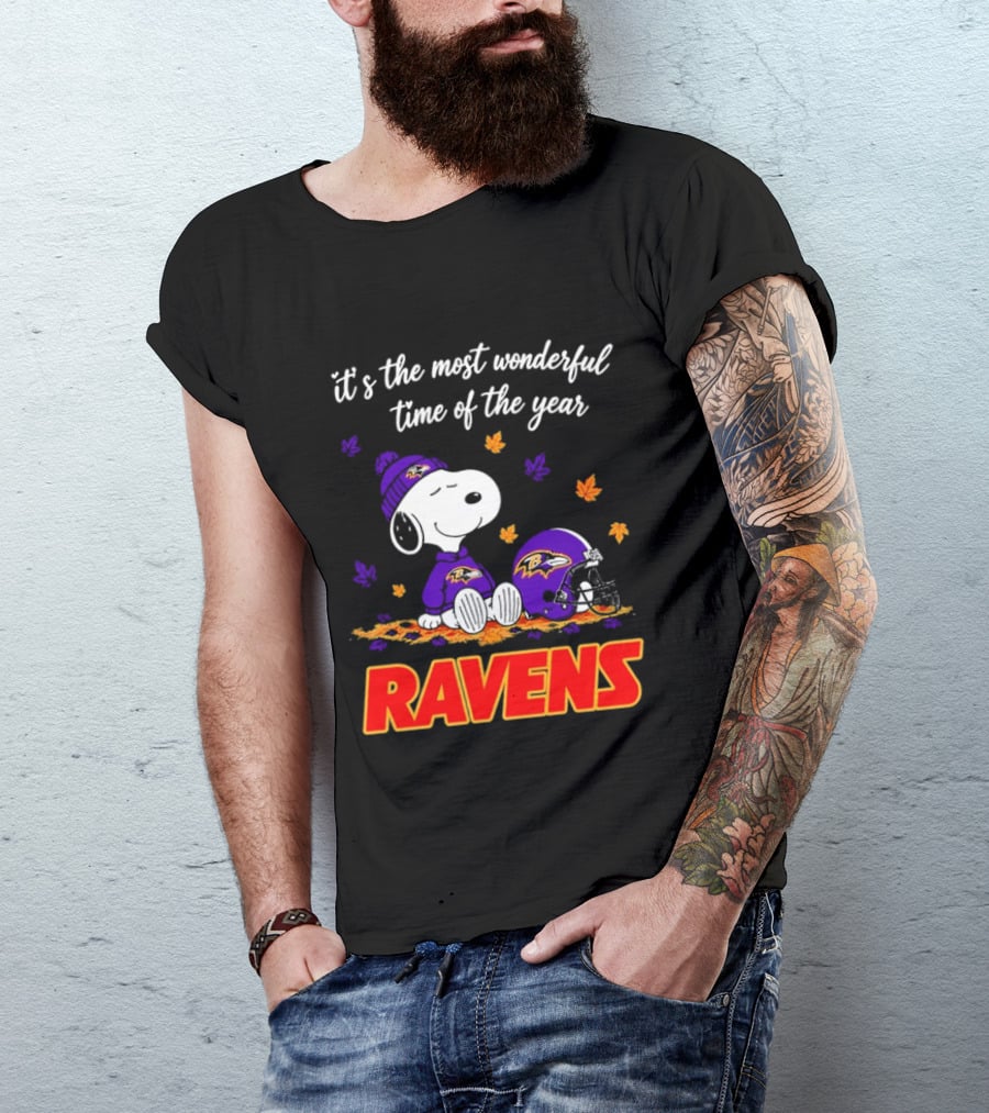 Baltimore Ravens It's The Most Wonderful Time Of Year Snoopy Sitting Leaves Football Helmet T-Shirt