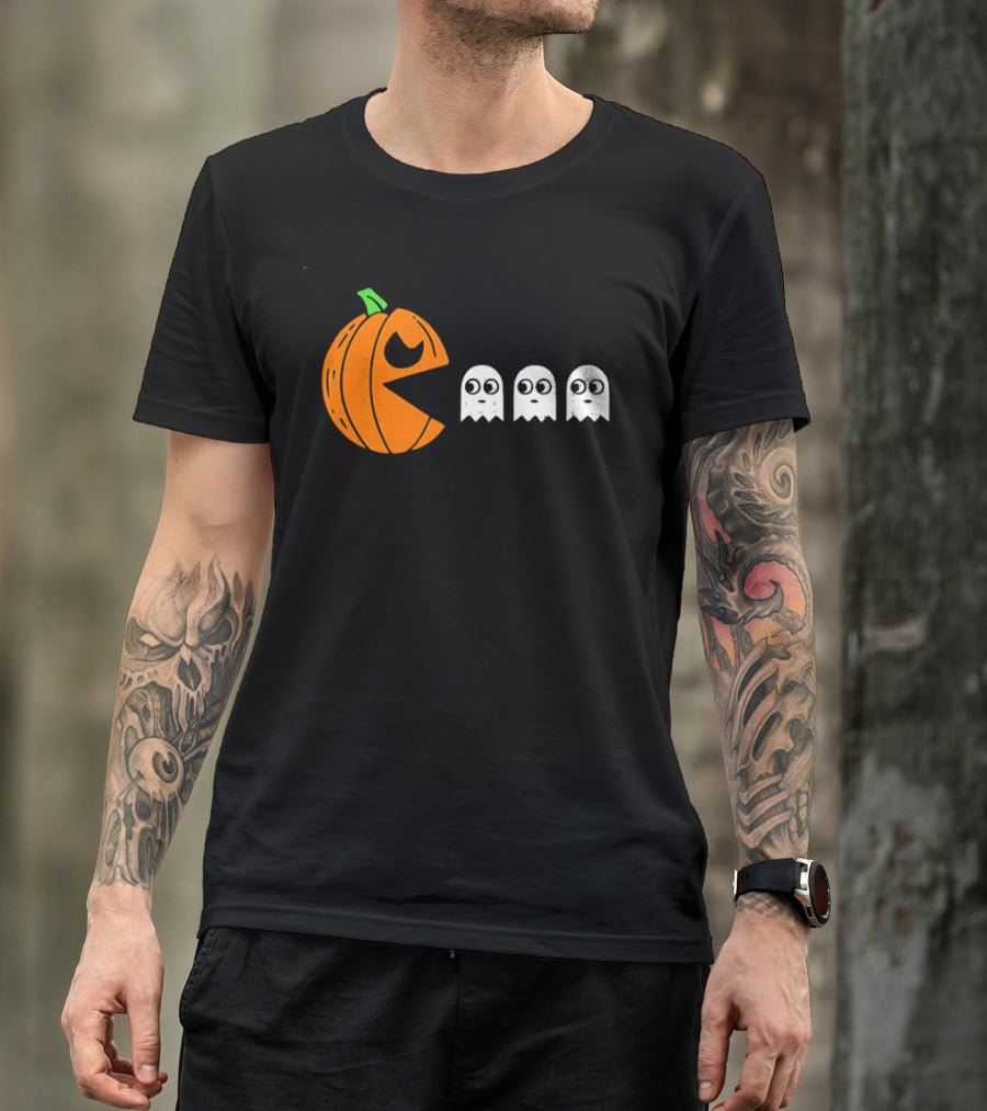Halloween Pumpkin Pac Man Chasing White Ghosts Distressed Cartoon T-Shirt