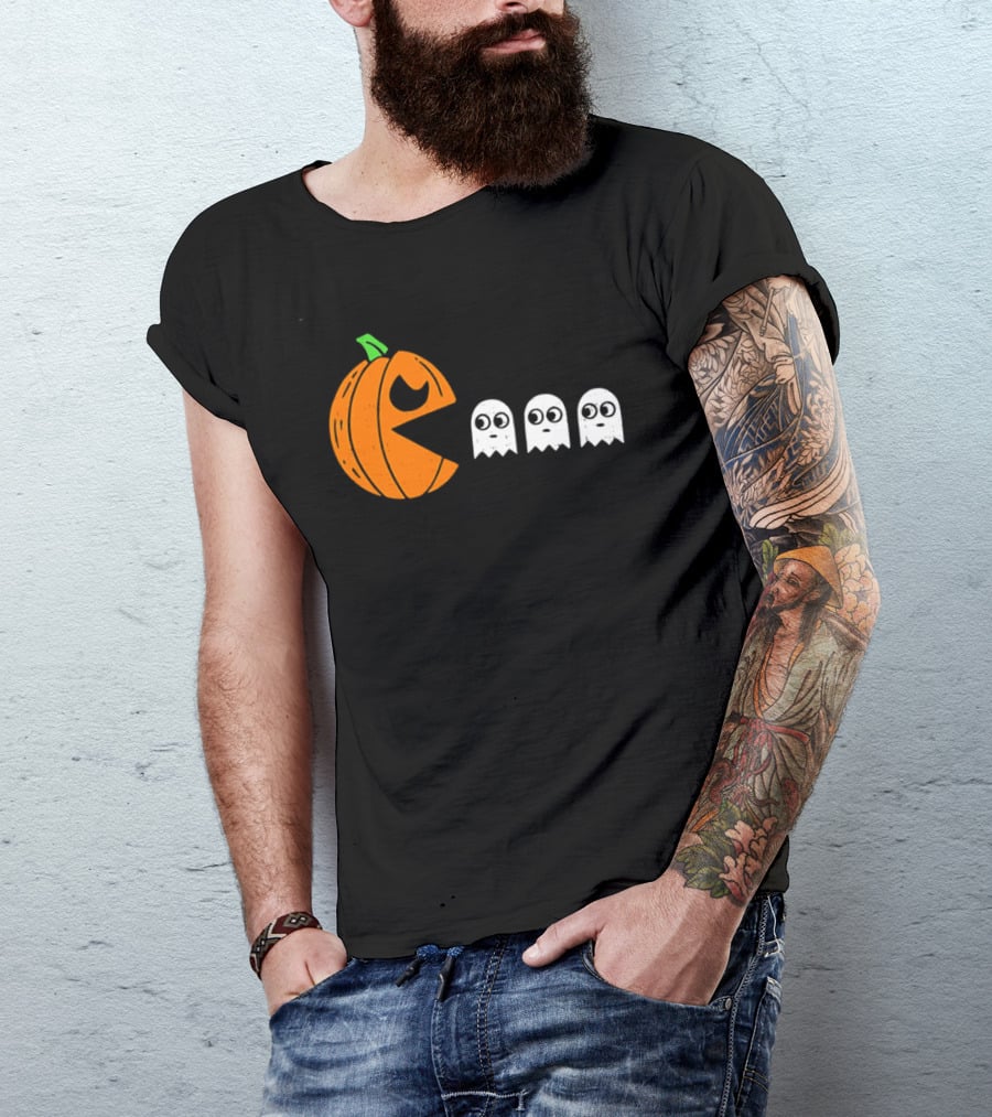 Halloween Pumpkin Pac Man Chasing White Ghosts Distressed Cartoon T-Shirt
