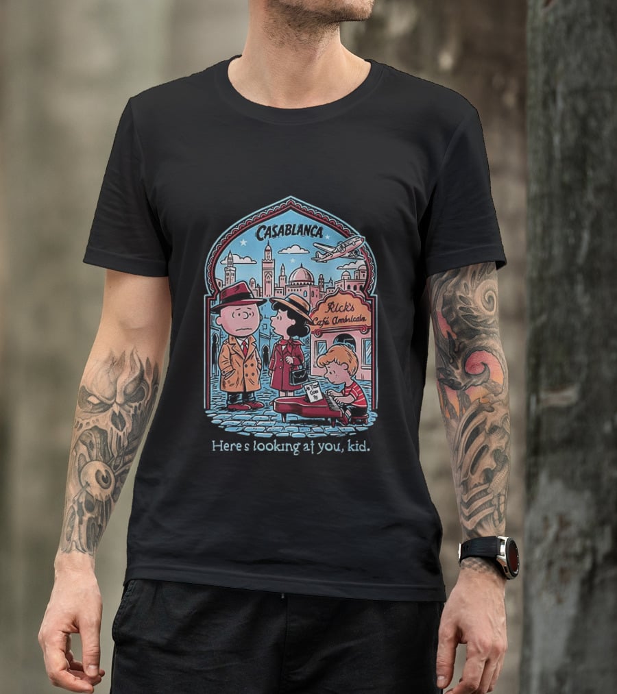 Charlie Brown Lucy Linus Peanuts Casablanca Rick's Café Americain Here's Looking At You Kid T-Shirt
