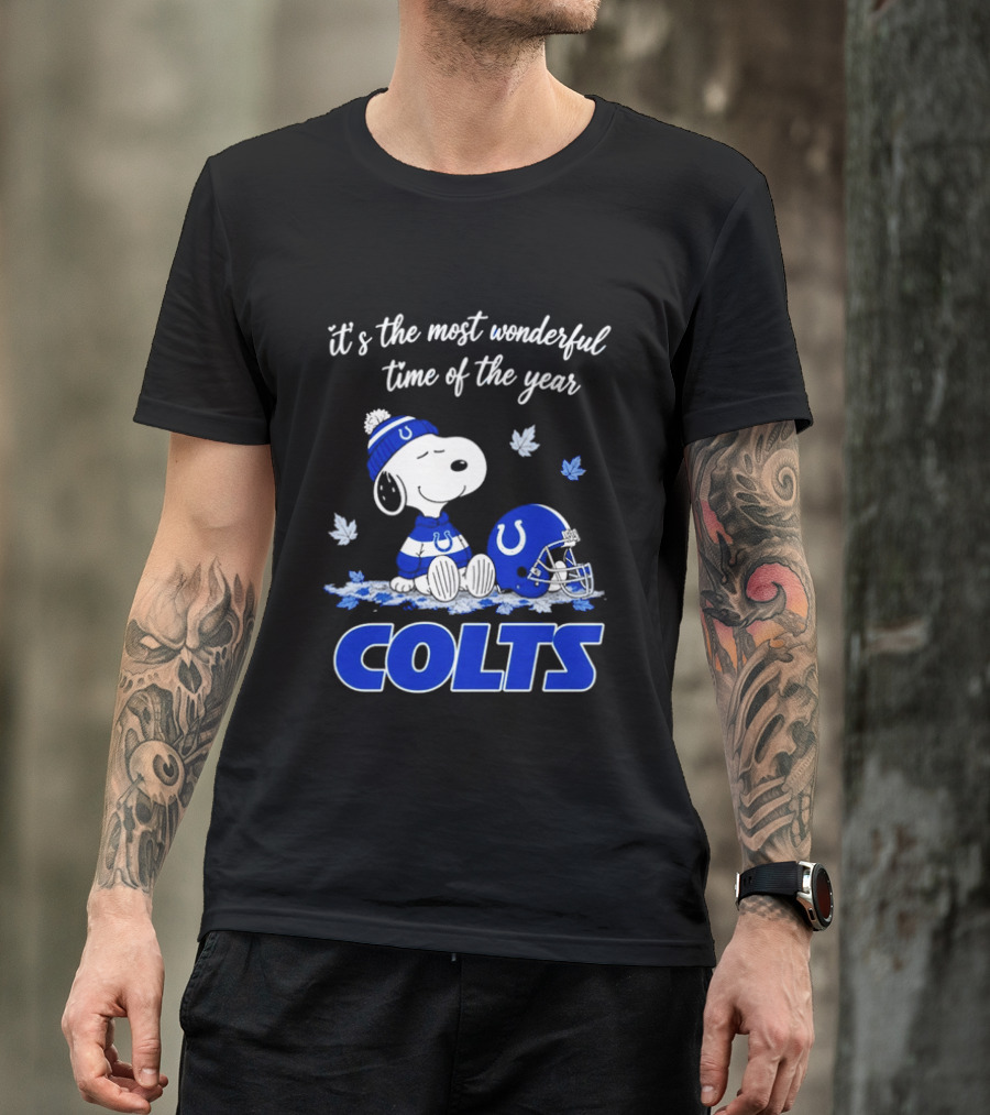 Indianapolis Colts Snoopy Beanie Helmet Leaves It's The Most Wonderful Time Of The Year T-Shirt