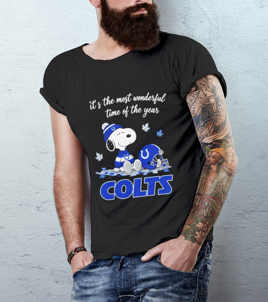 Indianapolis Colts Snoopy Beanie Helmet Leaves It's The Most Wonderful Time Of The Year T-Shirt