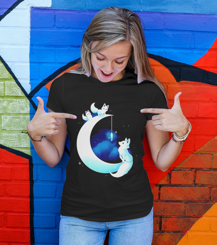 Glowing White Arctic Foxes Crescent Moon Crystal Night Sky T-Shirt