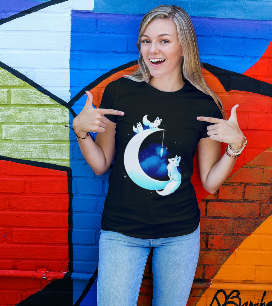 Glowing White Arctic Foxes Crescent Moon Crystal Night Sky T-Shirt