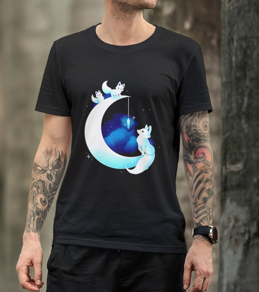 Glowing White Arctic Foxes Crescent Moon Crystal Night Sky T-Shirt