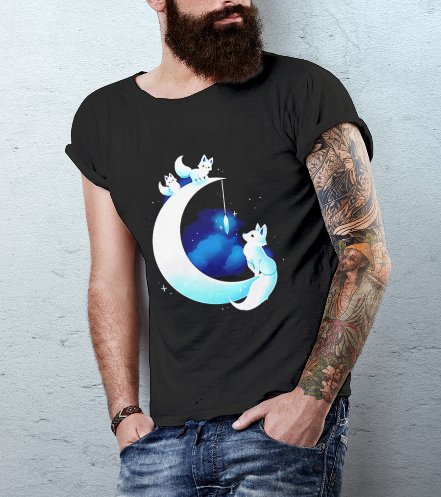 Glowing White Arctic Foxes Crescent Moon Crystal Night Sky T-Shirt