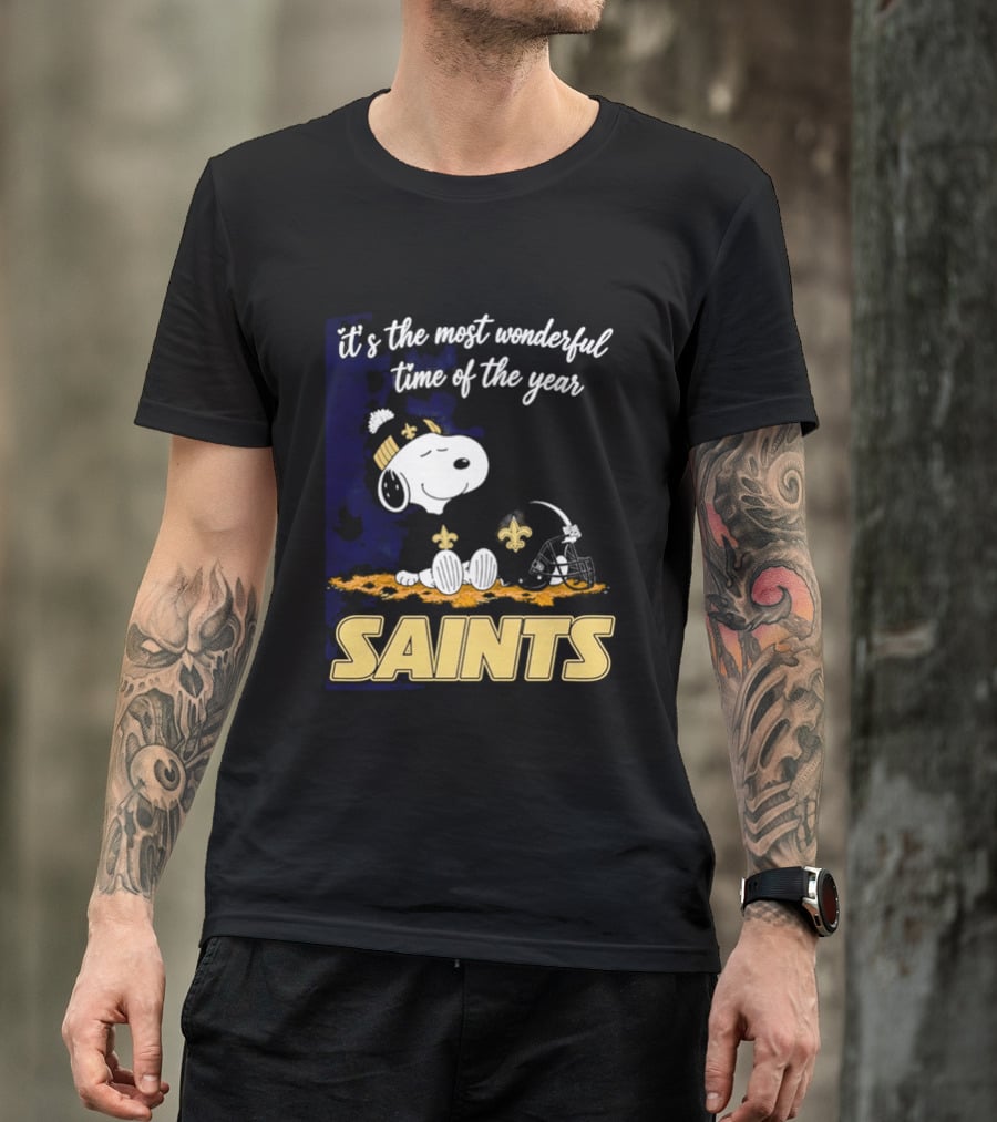 New Orleans Saints Snoopy Beanie Helmet Autumn Leaves Most Wonderful Time Of Year T-Shirt