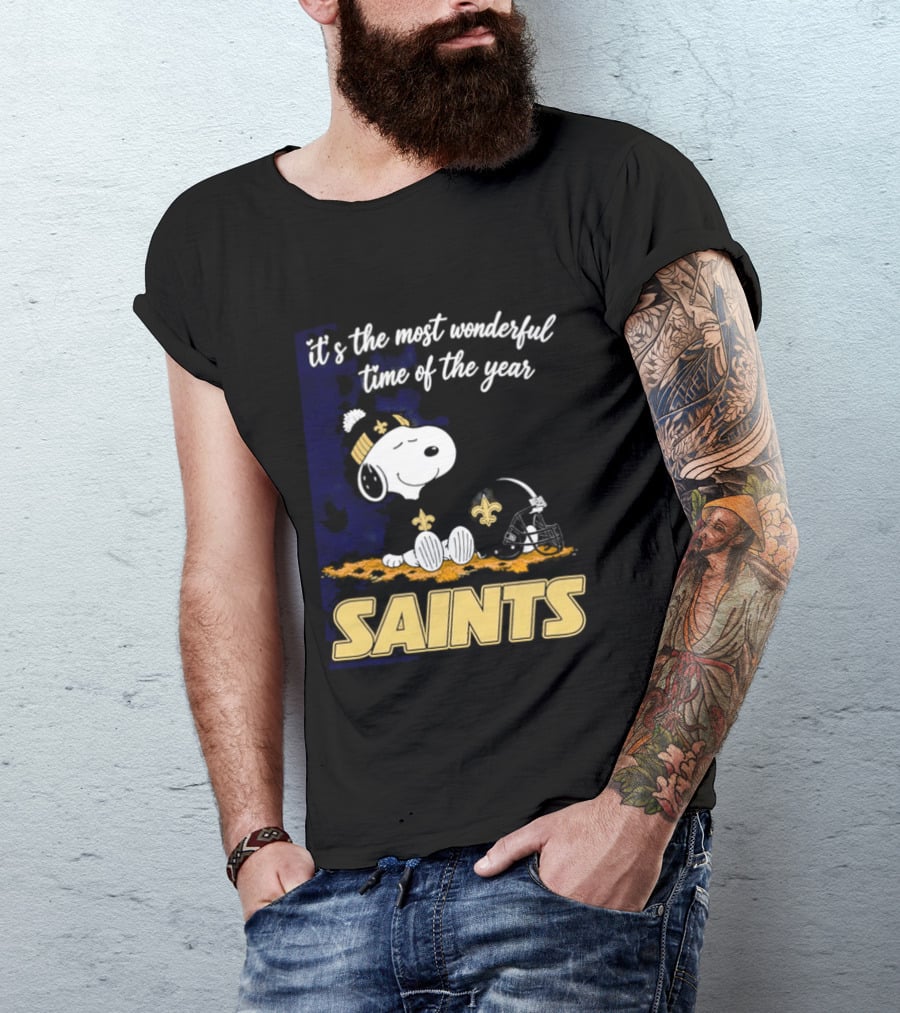 New Orleans Saints Snoopy Beanie Helmet Autumn Leaves Most Wonderful Time Of Year T-Shirt