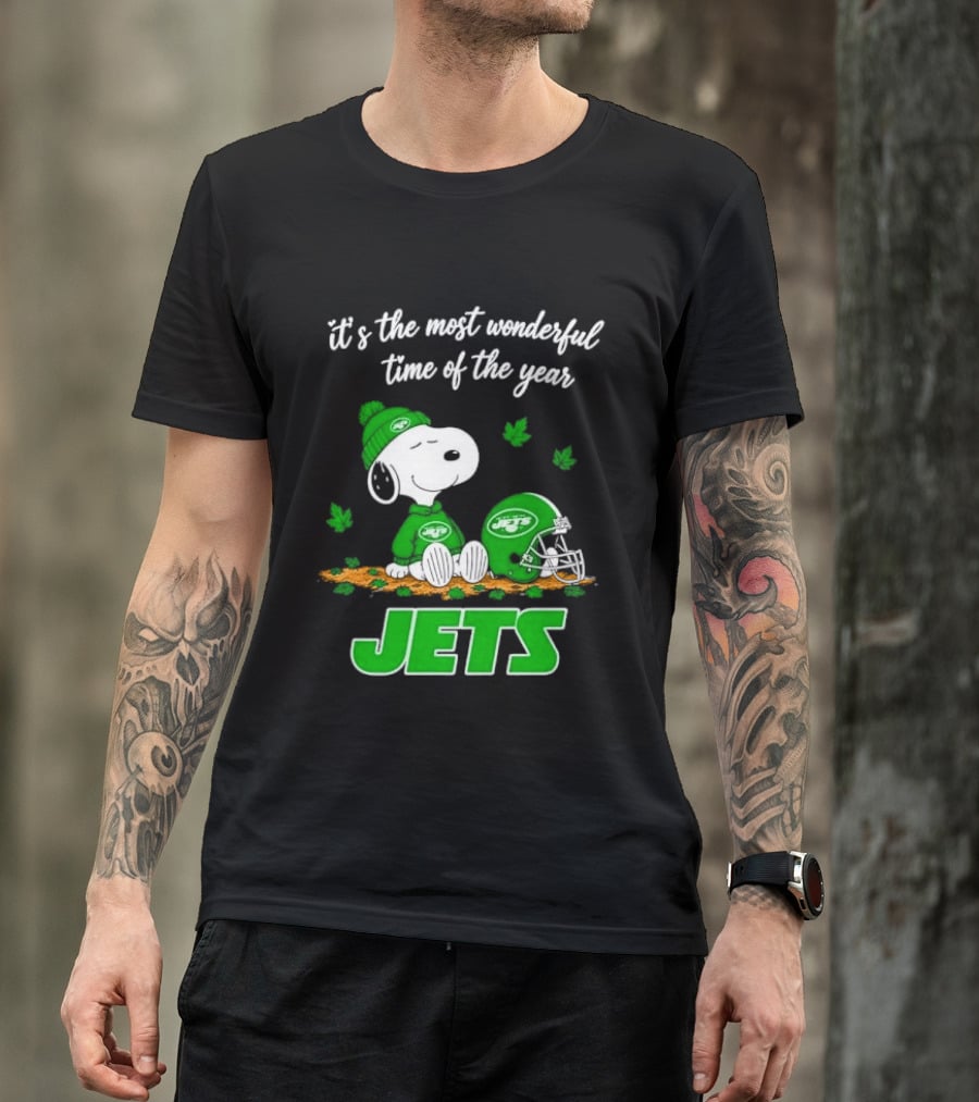 New York Jets It's The Most Wonderful Time Of Year Cartoon Dog Beanie Helmet Autumn Leaves T-Shirt