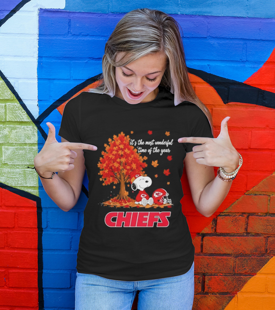Kansas City Chiefs Snoopy Autumn Tree Football Helmet Most Wonderful Time Of The Year T-Shirt