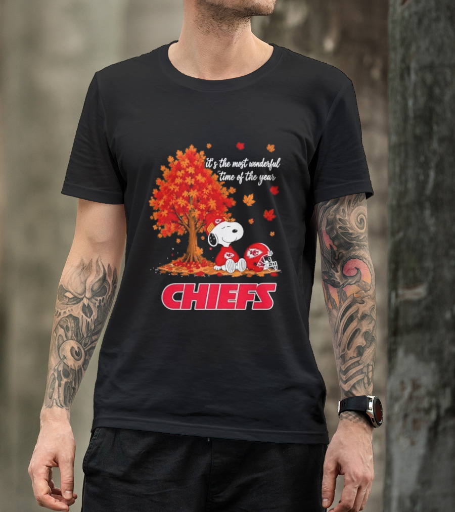 Kansas City Chiefs Snoopy Autumn Tree Football Helmet Most Wonderful Time Of The Year T-Shirt