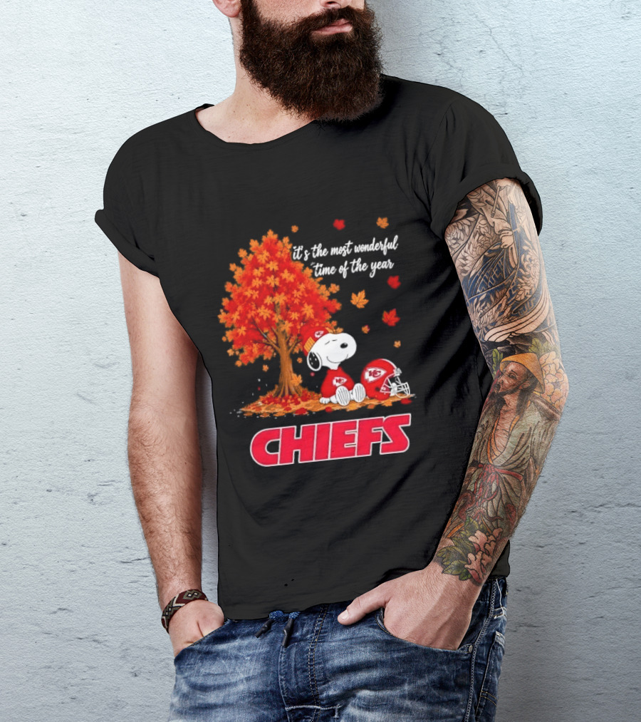 Kansas City Chiefs Snoopy Autumn Tree Football Helmet Most Wonderful Time Of The Year T-Shirt