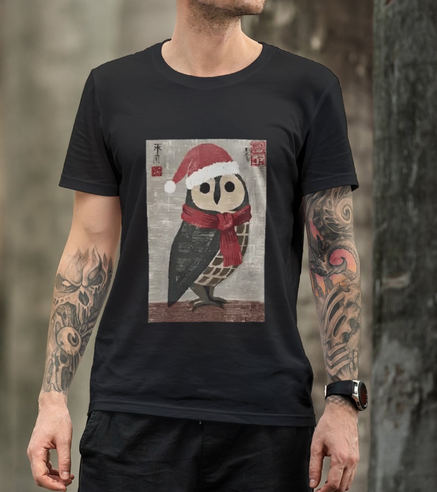 Owl With Red Santa Hat And Scarf Japanese Calligraphy T-Shirt