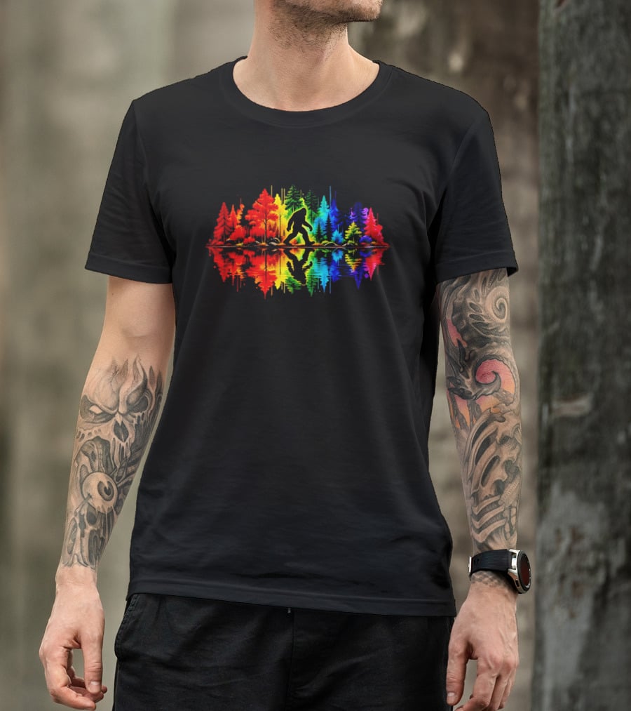 Rainbow Bigfoot Forest Reflection T-Shirt