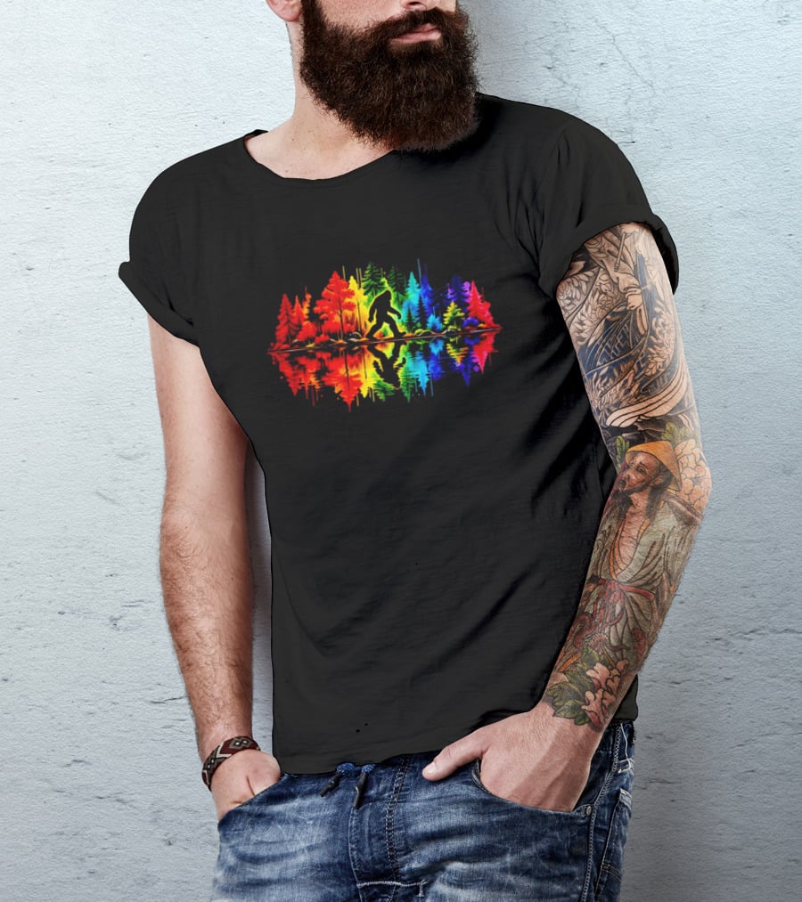 Rainbow Bigfoot Forest Reflection T-Shirt