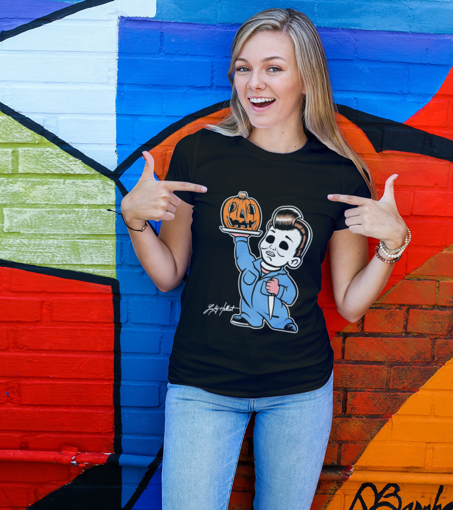 Lucky Hellcat Michael Myers Cartoon Pumpkin Knife Caricature T-Shirt