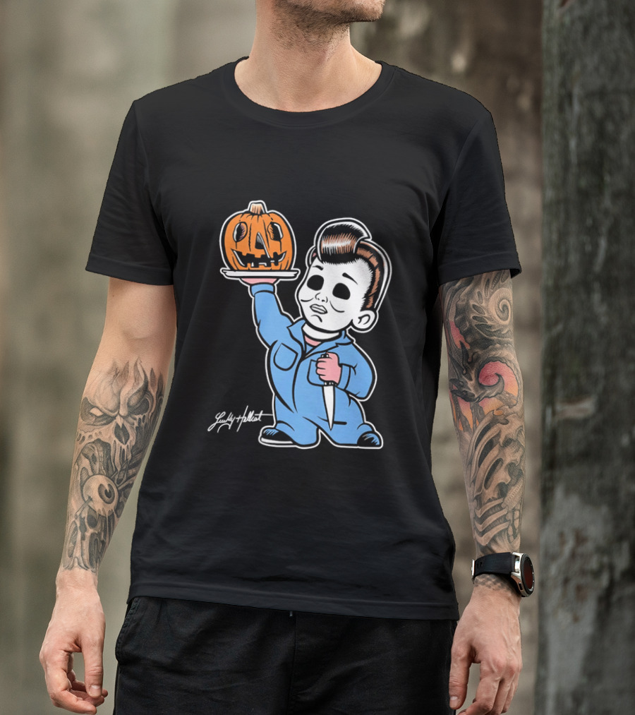 Lucky Hellcat Michael Myers Cartoon Pumpkin Knife Caricature T-Shirt