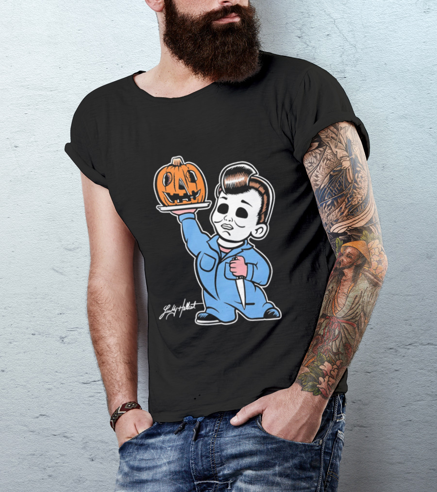 Lucky Hellcat Michael Myers Cartoon Pumpkin Knife Caricature T-Shirt