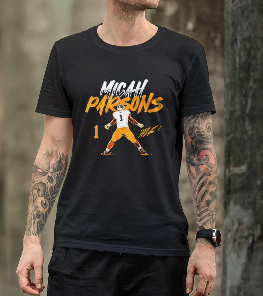 Micah Parsons 1 Pose With Name And Number In White And Orange T-Shirt