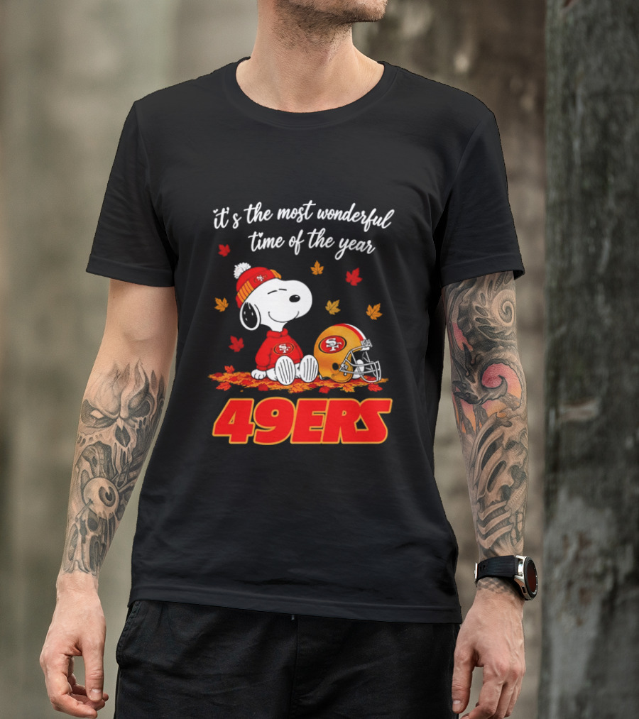 San Francisco 49ers Snoopy Beanie Autumn Leaves Most Wonderful Time T-Shirt