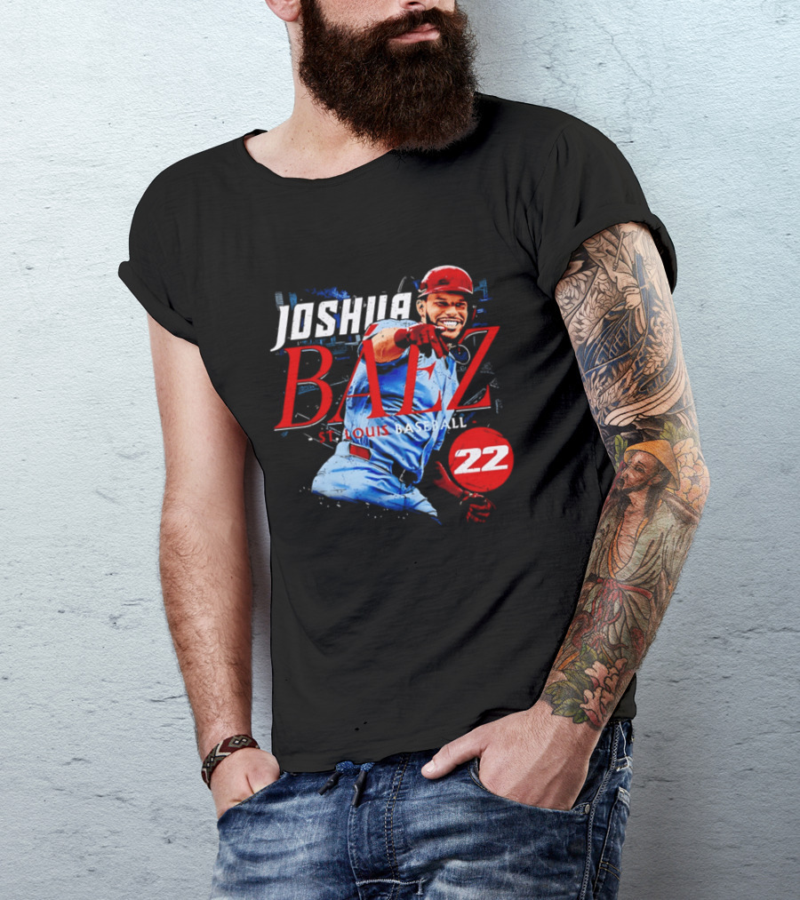Joshua Baez 22 St Louis Baseball Red Helmet Distressed Photo T-Shirt