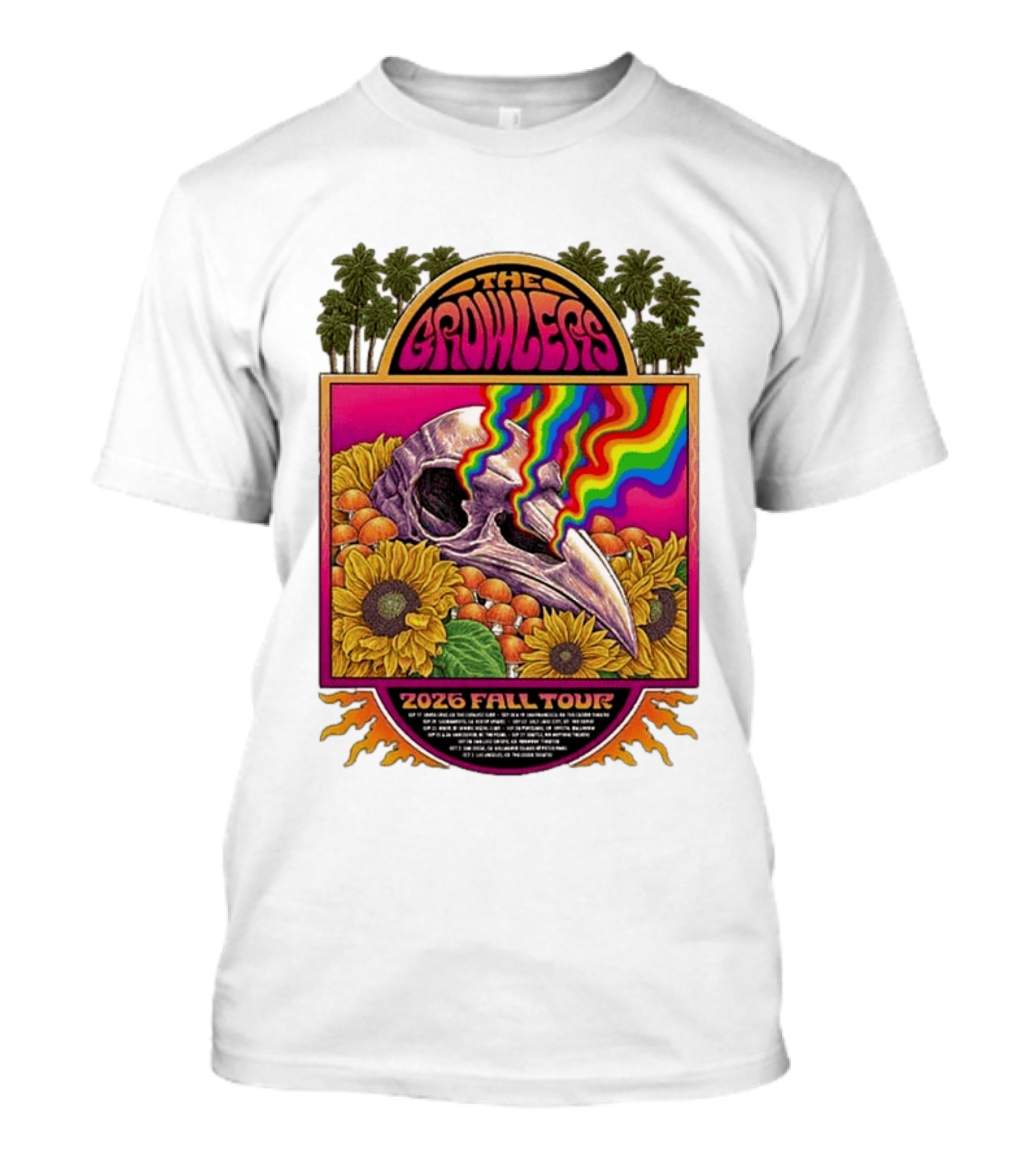 The Growlers 2026 Fall Tour Skull And Sunflower Psychedelic West Coast Dates Santa Cruz To Los Angeles T-Shirt