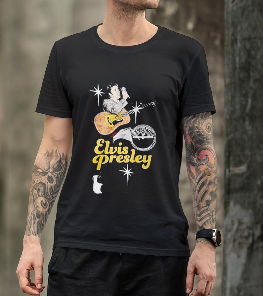Sun Record Company Elvis Presley Playing Acoustic Guitar Starbursts T-Shirt