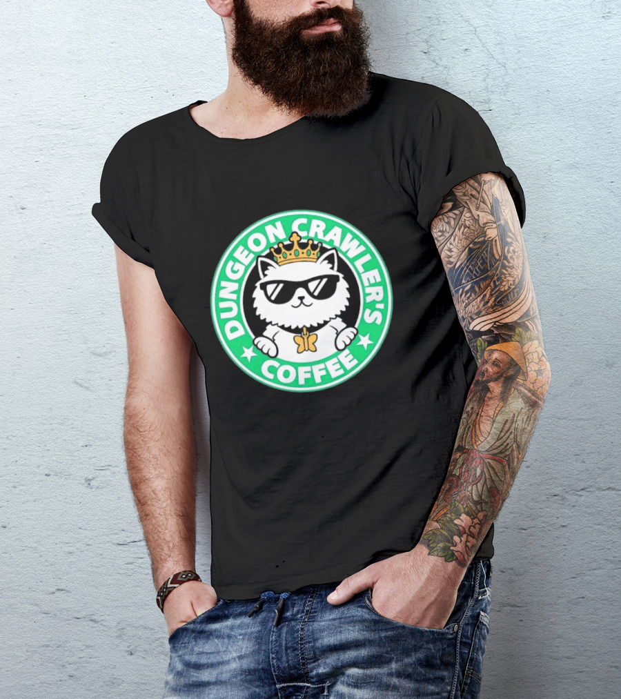 Dungeon Crawlers Coffee White Cat Crown Sunglasses T-Shirt