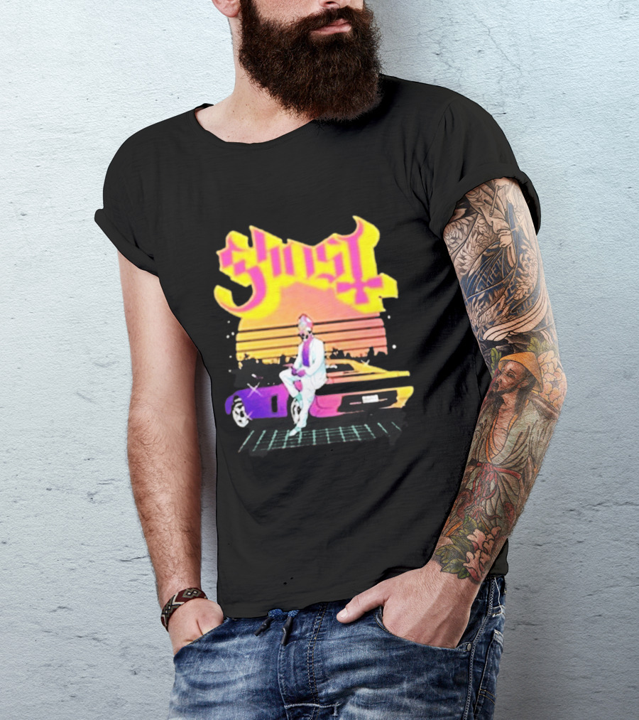 Ghost Miami Vice Retro Sunset Car Scene T-Shirt