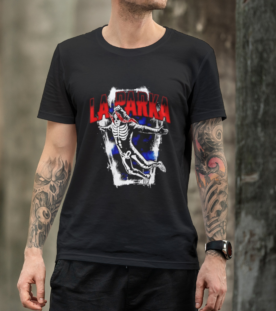 LA Parka Masked Skeleton Wrestler Jumping Distressed Frame T-Shirt