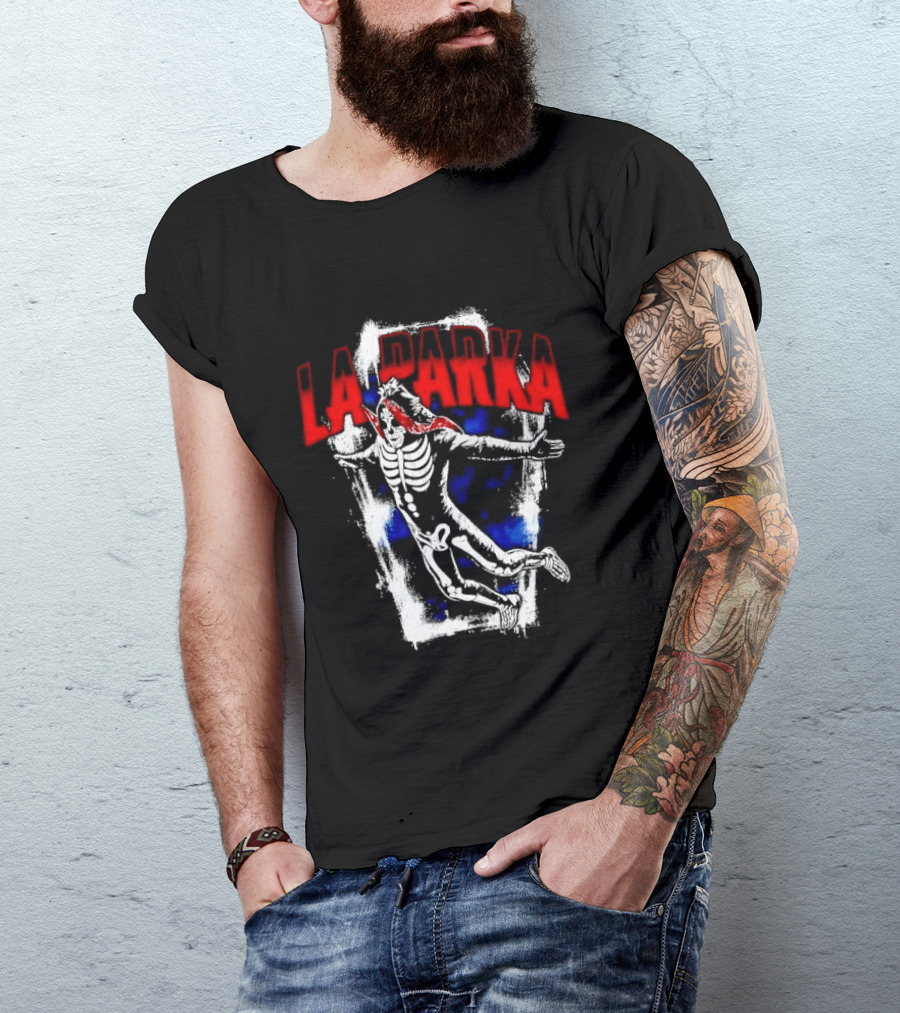 LA Parka Masked Skeleton Wrestler Jumping Distressed Frame T-Shirt