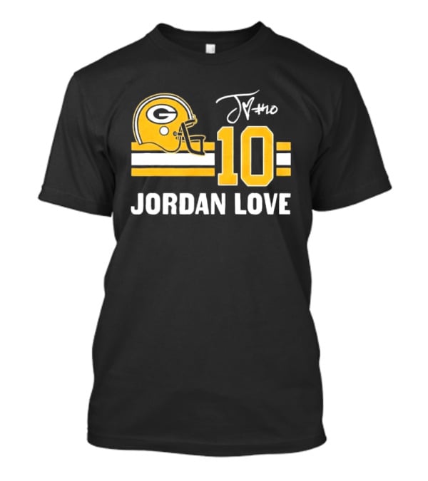 Green Bay Packers Jordan Love 10 Helmet Stripes JM Signature Distressed T-Shirt