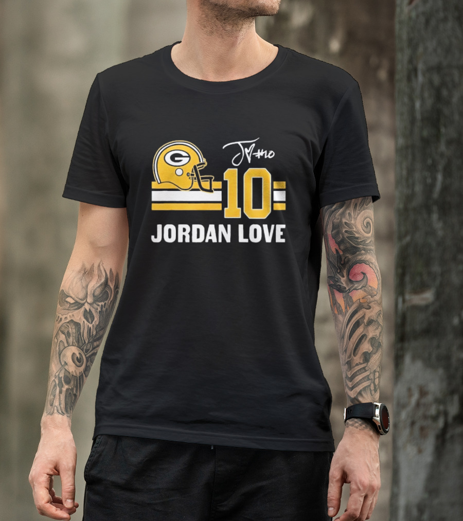 Green Bay Packers Jordan Love 10 Helmet Stripes JM Signature Distressed T-Shirt