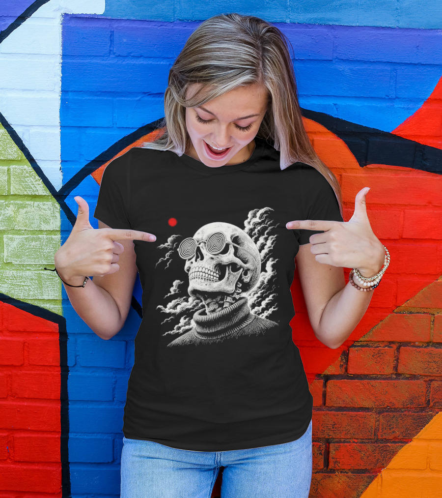 Line Skull Hypnotic Glasses Turtleneck Red Sun Clouds T-Shirt