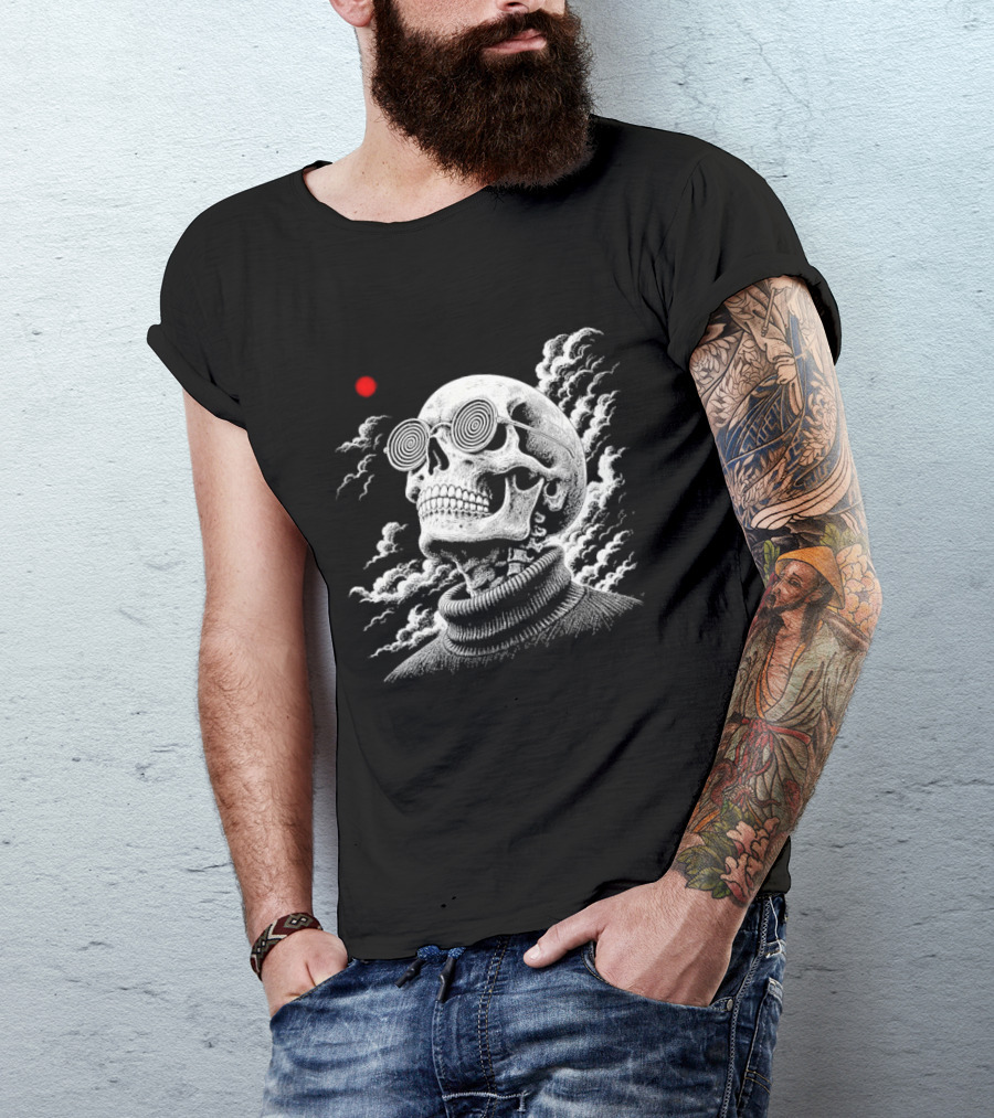 Line Skull Hypnotic Glasses Turtleneck Red Sun Clouds T-Shirt