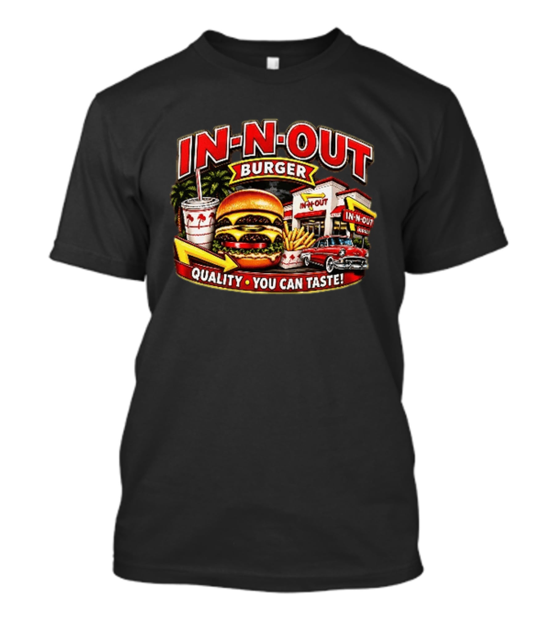 In N Out Burger Quality You Can Taste Palm Trees Classic Car Hamburger Fries Retro Restaurant Scene T-Shirt