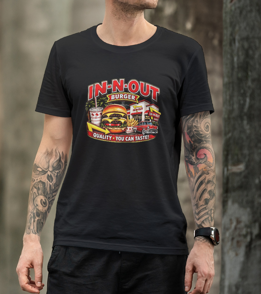 In N Out Burger Quality You Can Taste Palm Trees Classic Car Hamburger Fries Retro Restaurant Scene T-Shirt