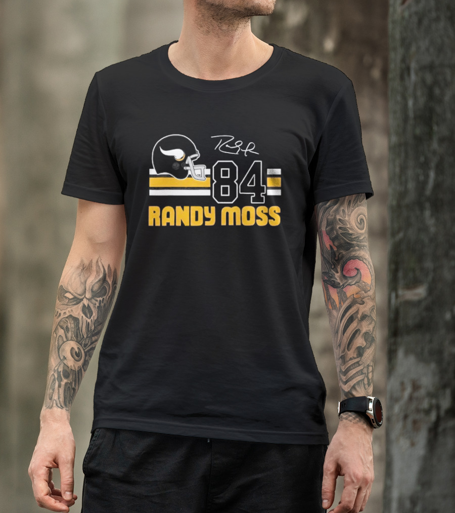 Randy Moss Minnesota Vikings 84 Helmet Stripes Autograph T-Shirt