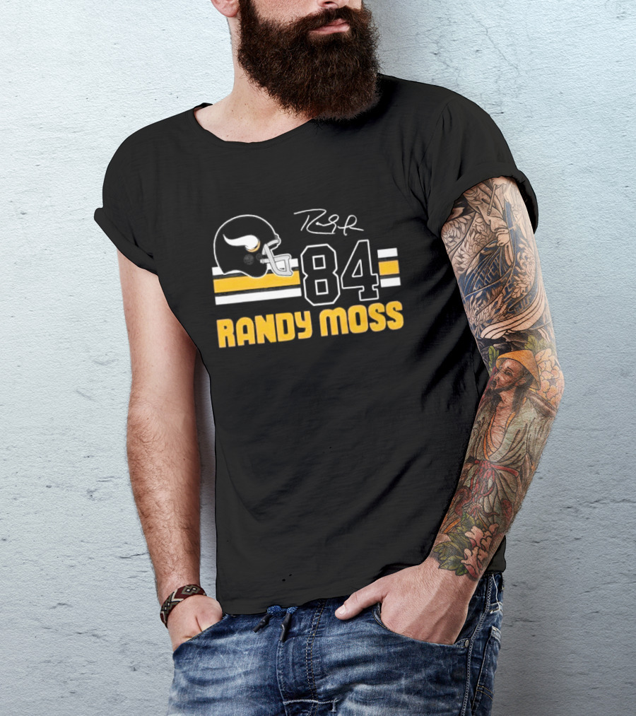 Randy Moss Minnesota Vikings 84 Helmet Stripes Autograph T-Shirt