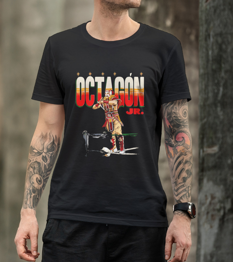 Octagon Jr Masked Lucha Libre Wrestler Ring Ropes Stars Distressed T-Shirt